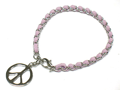 PEACE MARK CHARM AND BRAIDED LEATHER CORD CHAIN BRACELET