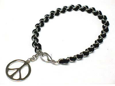 PEACE MARK CHARM AND BRAIDED LEATHER CORD CHAIN BRACELET