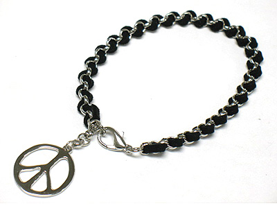 Peace mark charm and braided leather cord chain bracelet