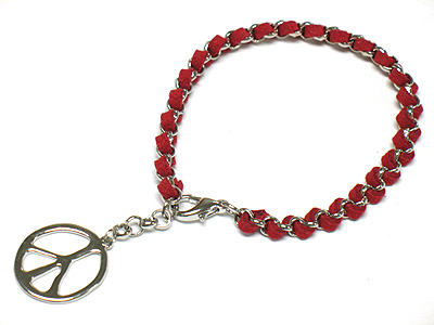 Peace mark charm and braided leather cord chain bracelet