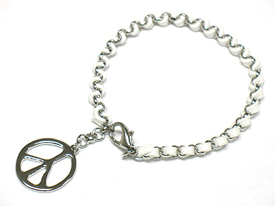 Peace mark charm and braided leather cord chain bracelet