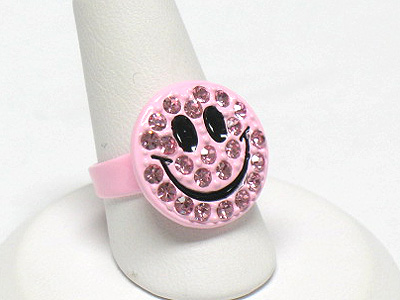 Crystal stud enameled metal smileface ring - adjustable size