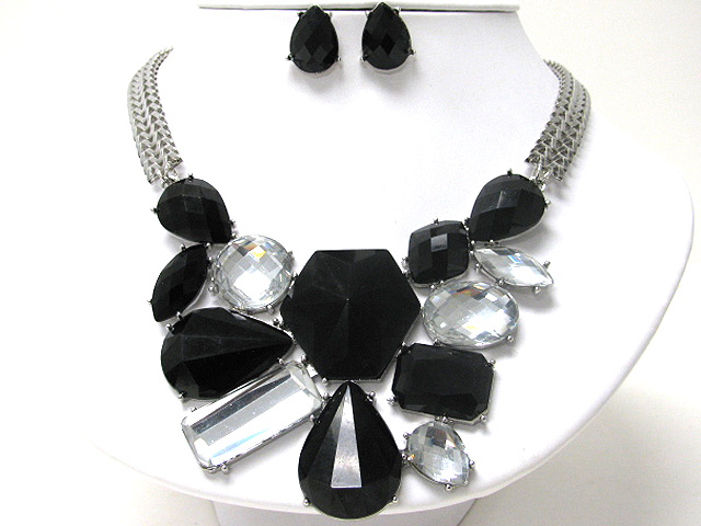 Facet glass stone deco bib style necklace earring set