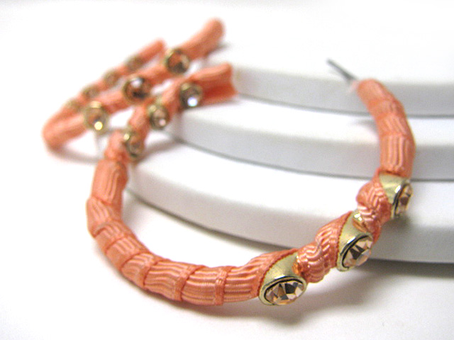 Crystal stud fabric wrapped metal hoop earring - hoops
