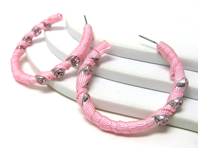 CRYSTAL STUD FABRIC WRAPPED METAL HOOP EARRING - HOOPS