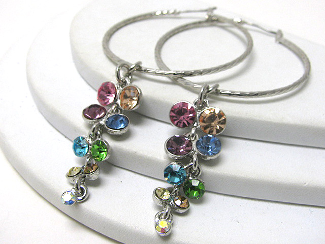 Multi crystal long tail drop hoop earring - hoops