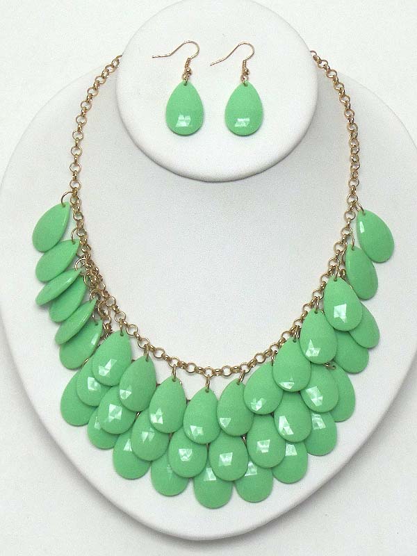 Multi facet acrylic teardrop statement necklace earring set