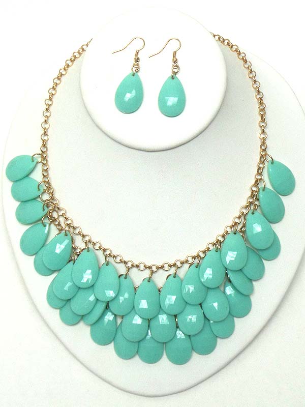 Multi facet acrylic teardrop statement necklace earring set