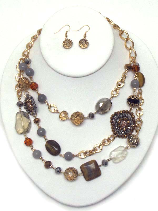 Multi glass and seed bead mix 3 layer drop necklace earring set