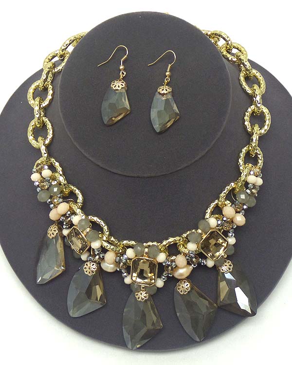 Luxury multi crystal and facet glass drop chain necklace earring set
