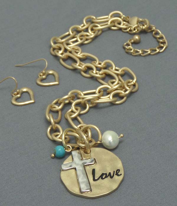 Love and cross disk pendant necklace earring set