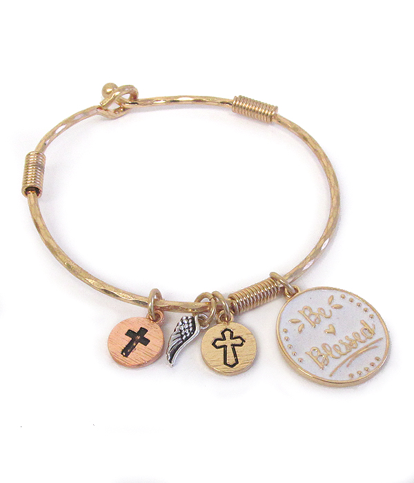 RELIGIOUS INSPIRATION MULTI CHARM WIRE BANGLE BRACELET - BE BLESSED