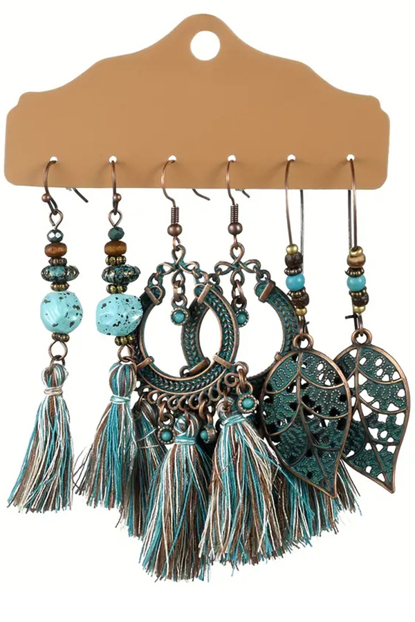 3 pair retro style mix earrings - tassel
