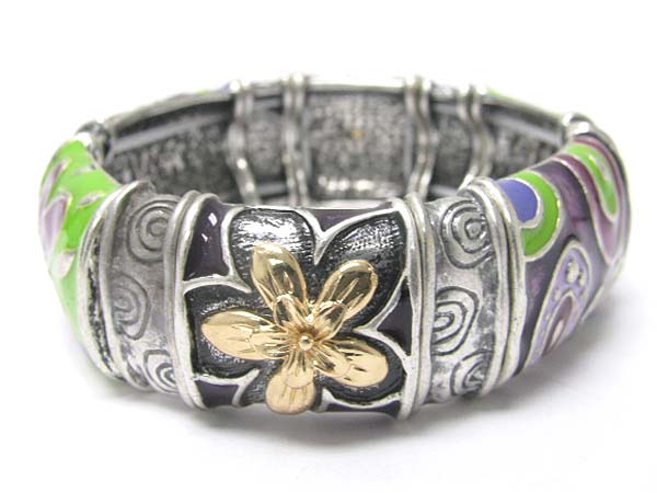 Enamel art work textured metal stretch bracelet