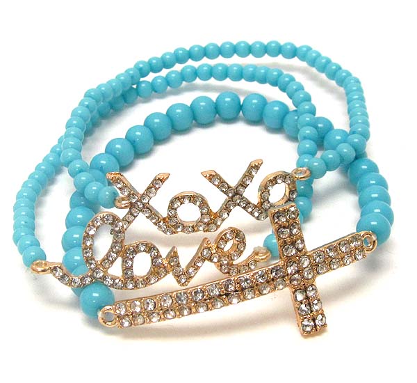 Crystal deco xoxo love,cross message stretch bracelet - set of 3 