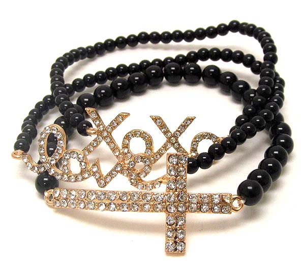 Crystal deco xoxo love,cross message stretch bracelet - set of 3 