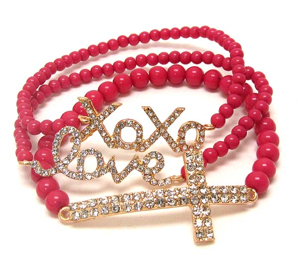 Crystal deco xoxo love,cross message stretch bracelet - set of 3 