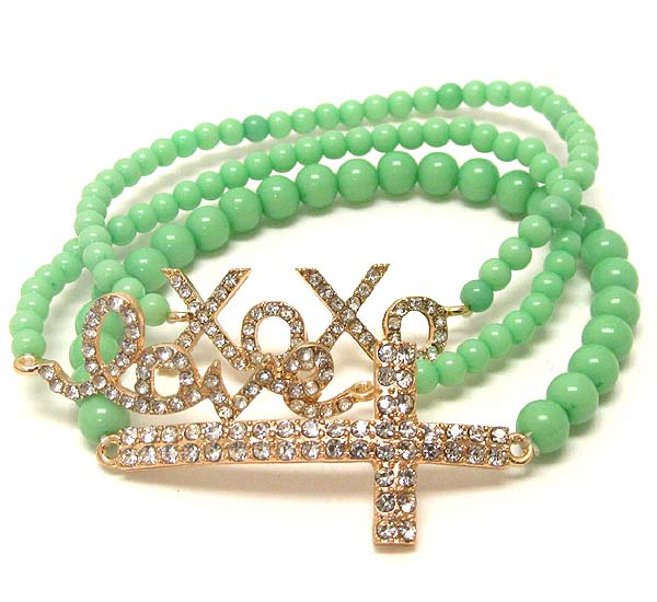 Crystal deco xoxo love,cross message stretch bracelet - set of 3 