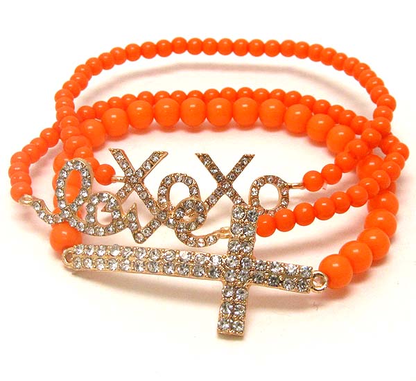 Crystal deco xoxo love,cross message stretch bracelet - set of 3 