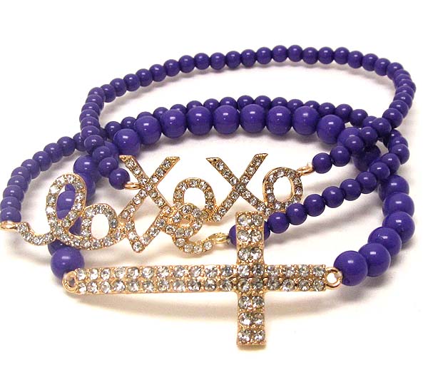 Crystal deco xoxo love,cross message stretch bracelet - set of 3 
