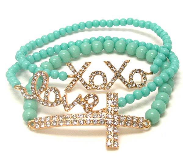 Crystal deco xoxo love,cross message stretch bracelet - set of 3
