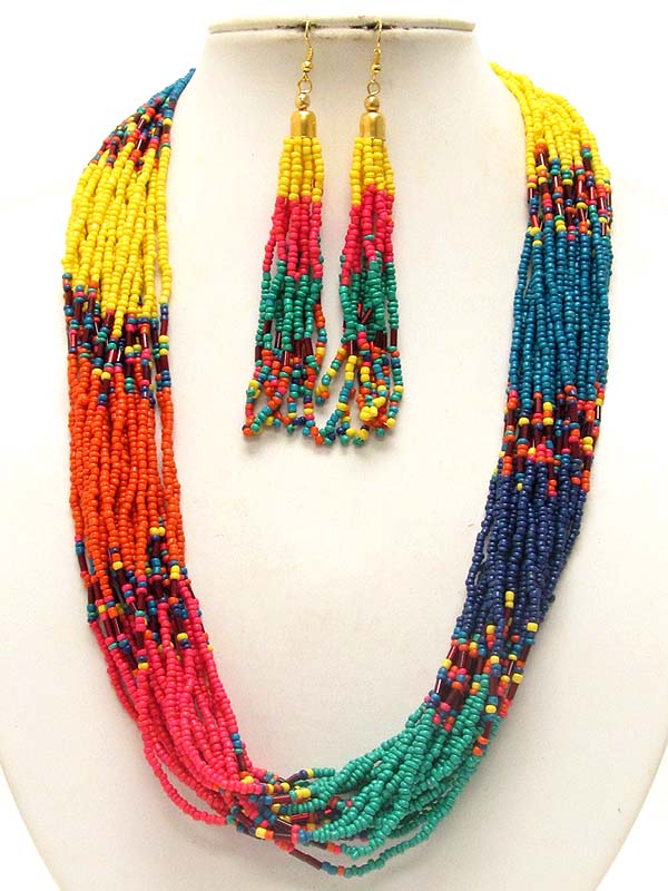 Multi seed bead and layered chain necklace and earring set