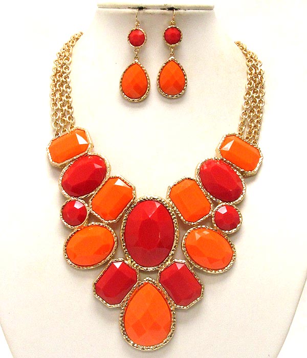 Multi facet acrylic stone bib necklace and earring set