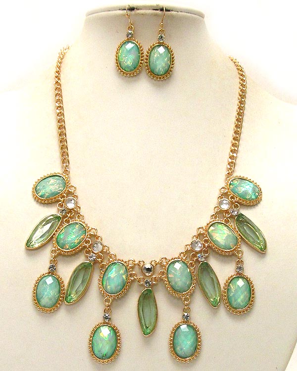 Crystal and multi shape glass stone and acrly stone with textered metal drop chain necklace earring set