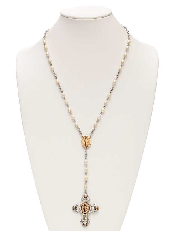 Filigree cross pearl rosary necklace
