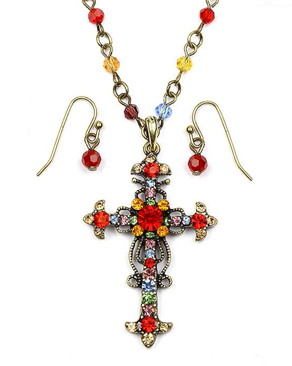 Metal filigree crystal cross pendant necklace set