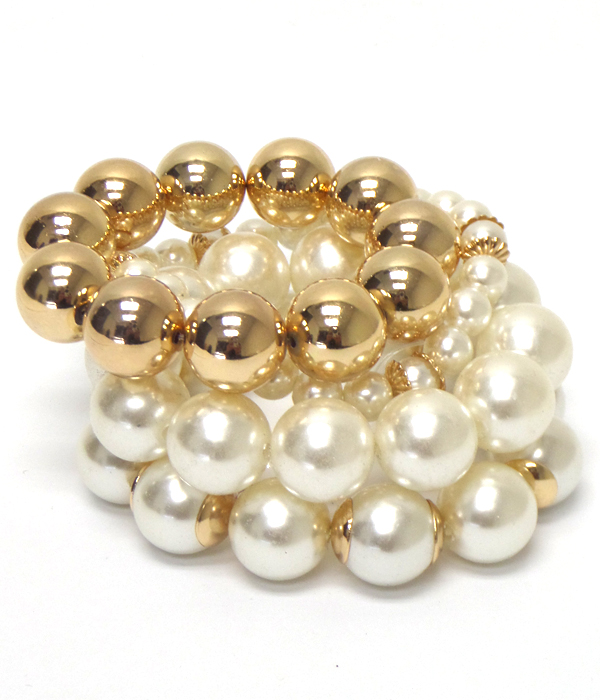 Pearl and metal ball link stretch bracelet set of 4