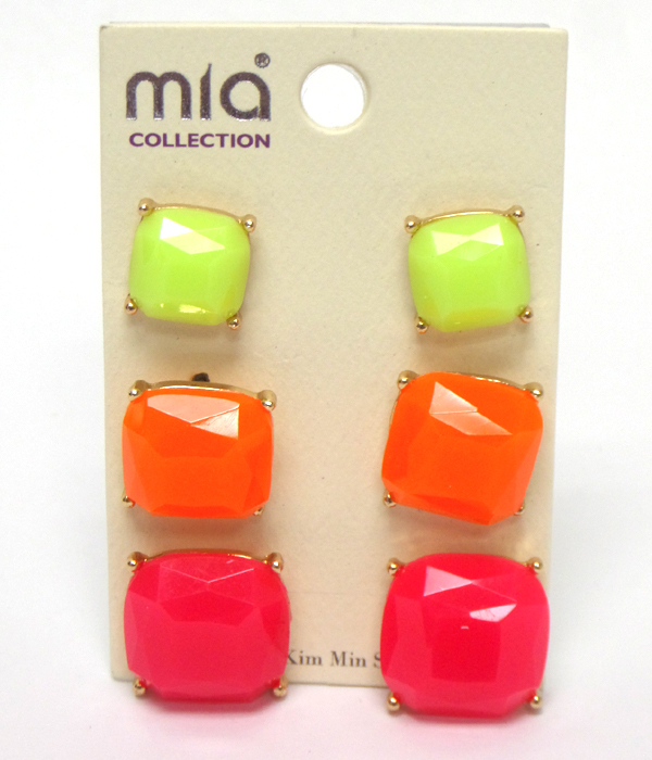 Neon color mix square stud 3 pair earring set