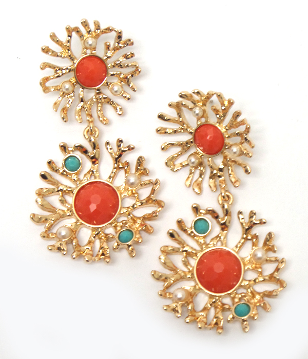 Pearl accent coral flower drop earring