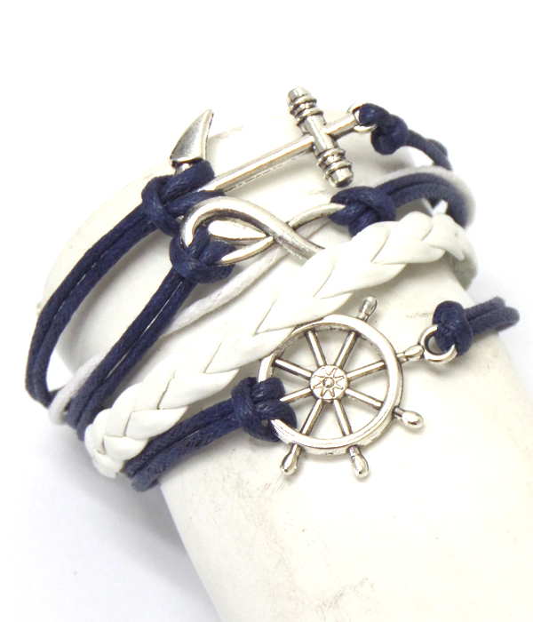 Vintage charm leather wrapped bracelet - anchor nautical infinite