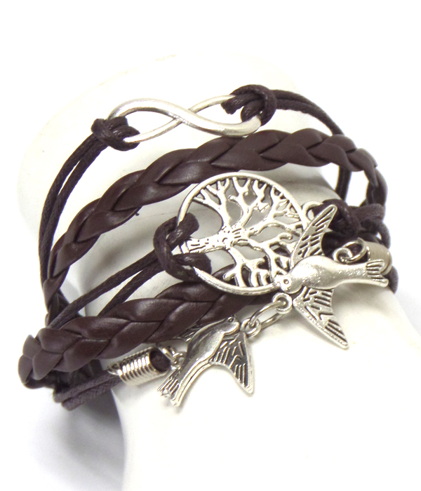 Vintage charm leather wrapped bracelet - birds tree infinite