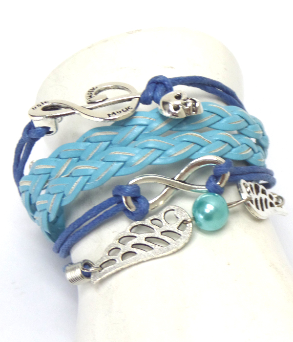 Vintage charm leather wrapped bracelet - music wings infinite