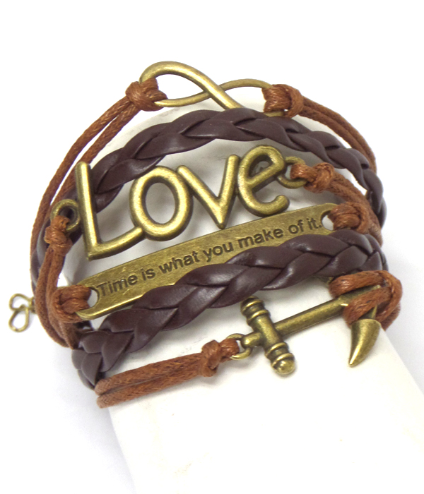 Vintage charm leather wrapped bracelet - anchor love infinite