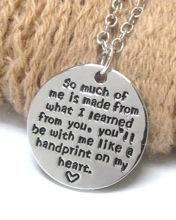 Teacher appreciation message pendant necklace - you will be with me like a handprint on my heart