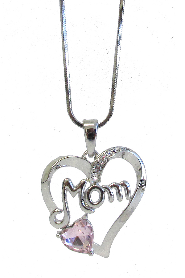 WHITEGOLD PLATING MOTHERS DAY CRYSTAL MOM HEART PENDANT NECKLACE