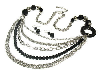 Multi large chain strands and acrylic bead and wood link long necklace and earring set 
