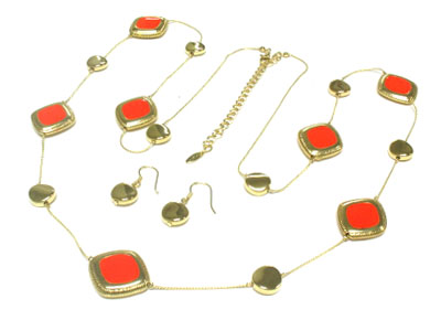 METAL ENAMEL PATTERN LONG NECKLACE AND EARRING SET