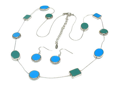 Round and square pattern enamel shape long necklace and earring set