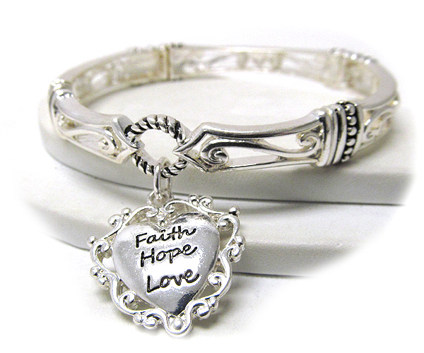 Heart charm and faith hope love message stretch bracelet