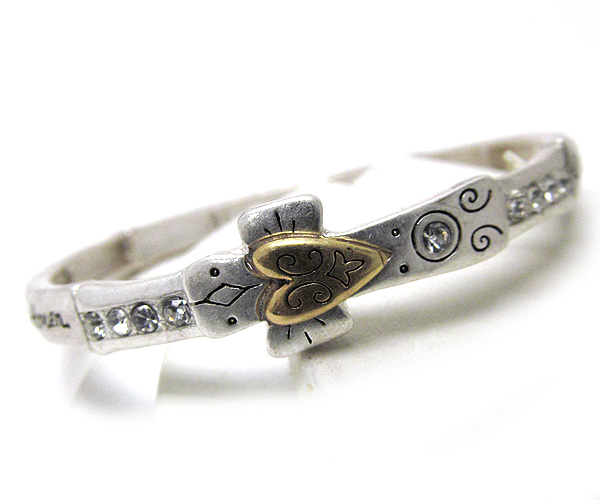 Crystal leand heart cross prayer message metal stretch bracelet