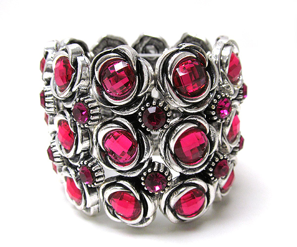 Multi crystal flower theme link metal stretch bracelet