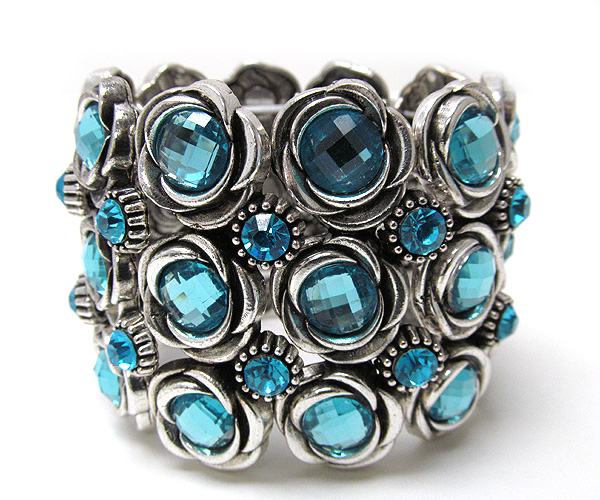 Multi crystal flower theme link metal stretch bracelet