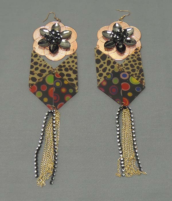 Crystal round metal flower drop fashion acryl printed leopard drop multi crystal chain earring