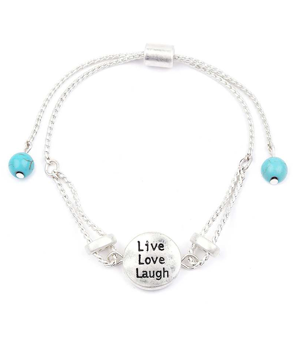 Message metal disk pull tie bracelet - live love laugh