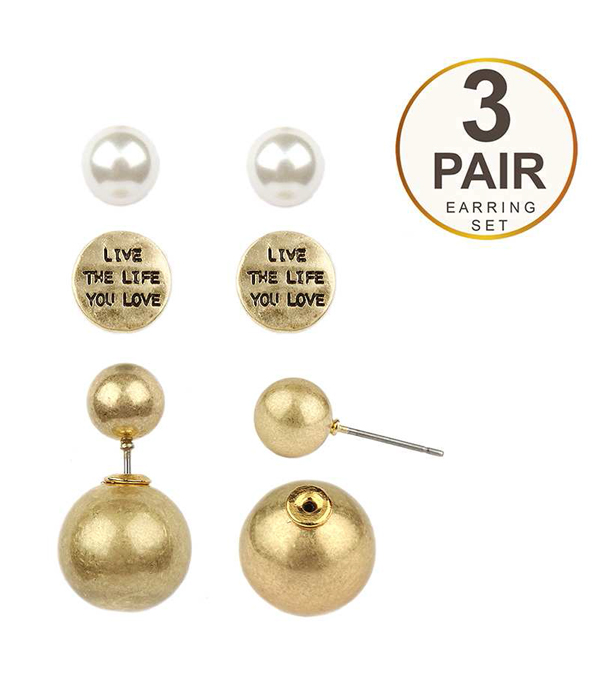 Metalic ball and message double sided front and back 3 pair earring set