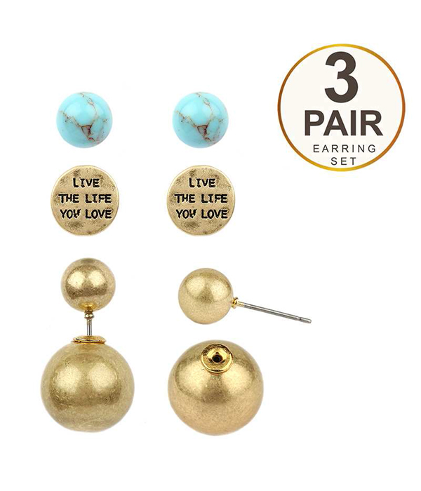 Metalic ball and message double sided front and back 3 pair earring set